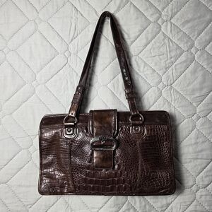 M.C. Brown Shoulder Bag Buckle Accent Animal Print
 leather